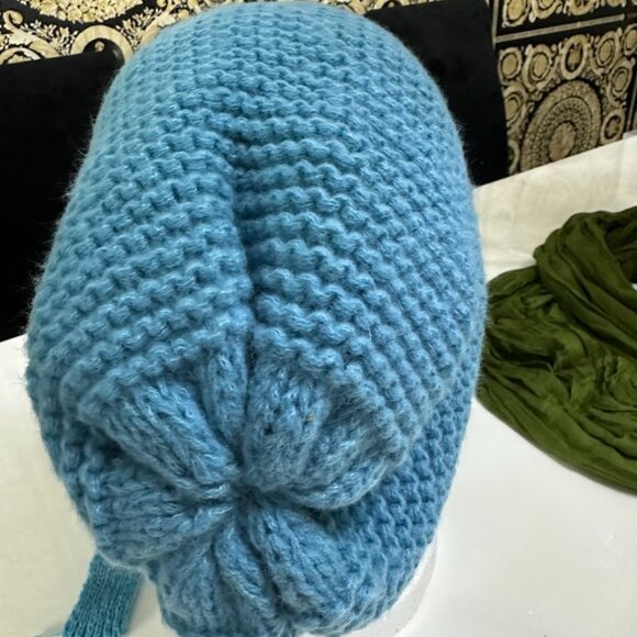 Blue Knit Balaclava Hood Soft Winter Bonnet Hat with Ties Cozy Women’s Warm Knit - Picture 6 of 8